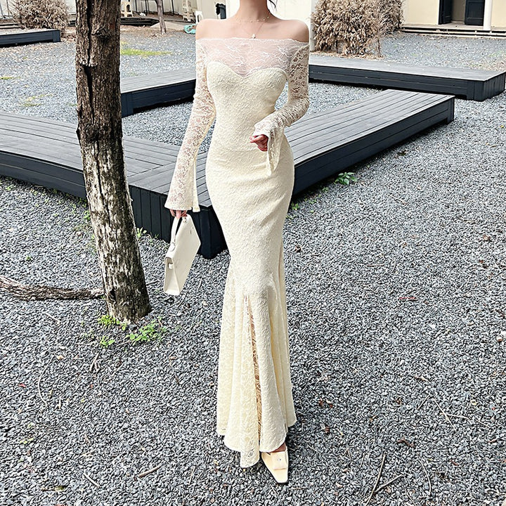 שמלת מקסי תחרה כתפיים חשופות בגזרת בת הים  - מיאל