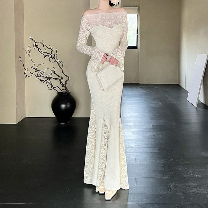 שמלת מקסי תחרה כתפיים חשופות בגזרת בת הים  - מיאל