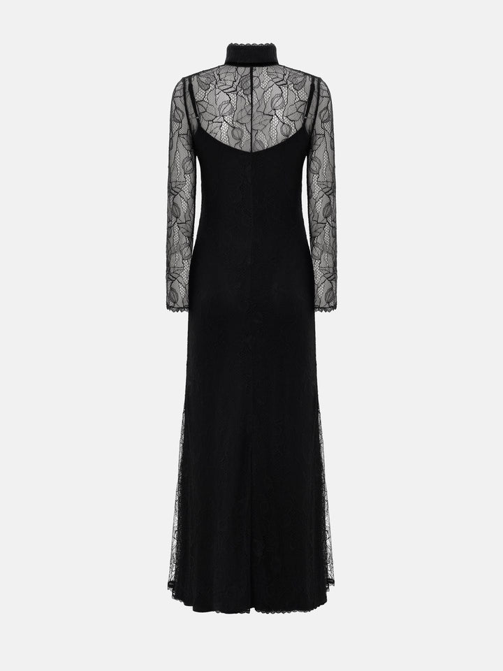 שמלת מקסי בעיטור תחרה צווארון גולף - נואר