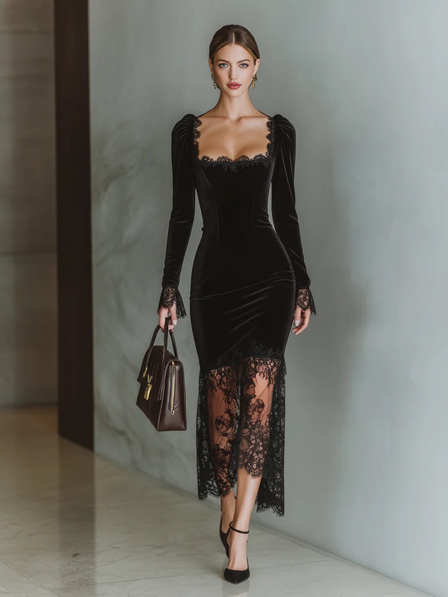 שמלת מידי קטיפה בעיטור תחרה - רוזמרי