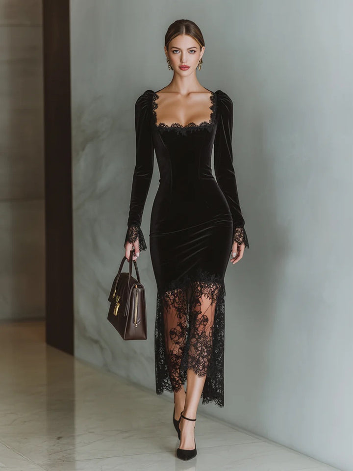 שמלת מידי קטיפה בעיטור תחרה - רוזמרי