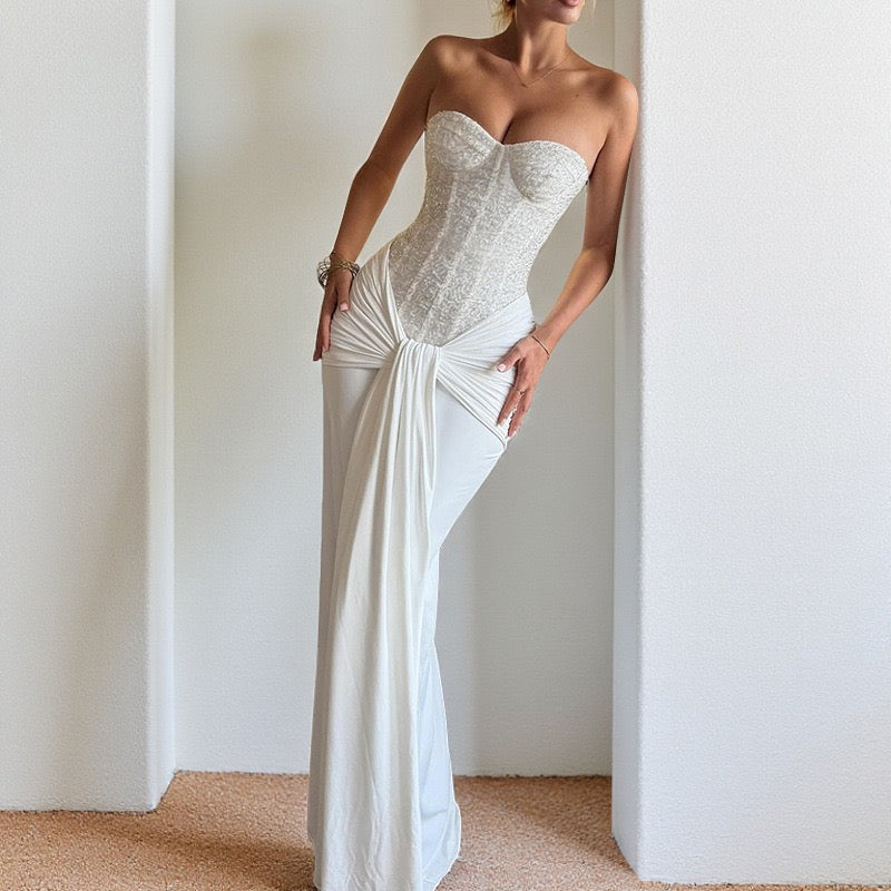 שמלת מקסי בעיצוב מחוך פייטים בעיטור קשירה וצעיף תואם - מייז