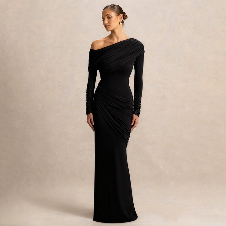 שמלת מקסי בעיצוב כיווצים וקיפולים כתף חשופה - ג׳ודית