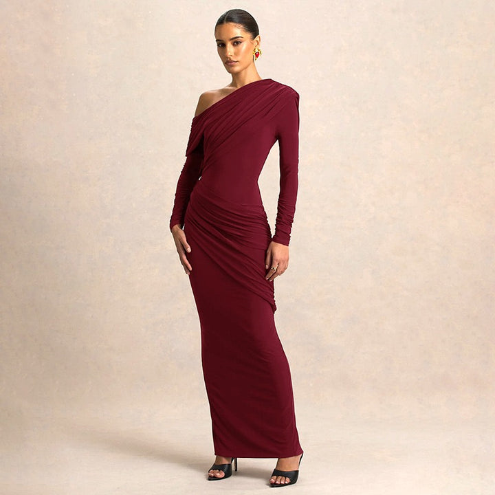 שמלת מקסי בעיצוב כיווצים וקיפולים כתף חשופה - ג׳ודית