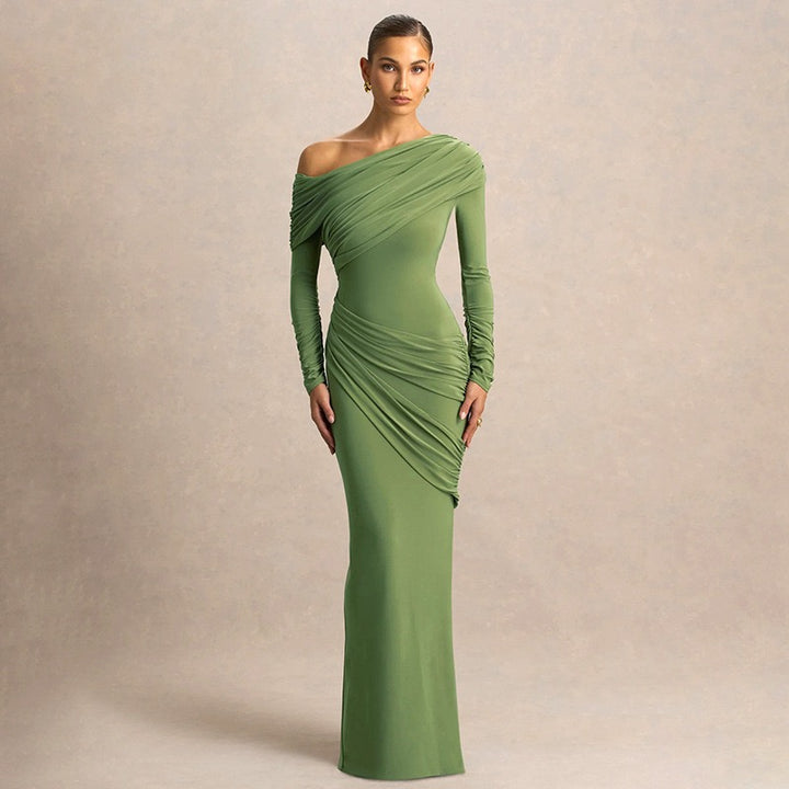 שמלת מקסי בעיצוב כיווצים וקיפולים כתף חשופה - ג׳ודית