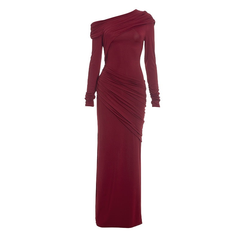 שמלת מקסי בעיצוב כיווצים וקיפולים כתף חשופה - ג׳ודית