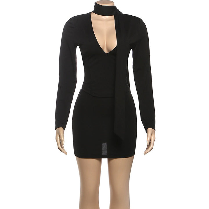 סט שני חלקים טופ וחצאית מיני בעיטור צעיף תואם - רוז