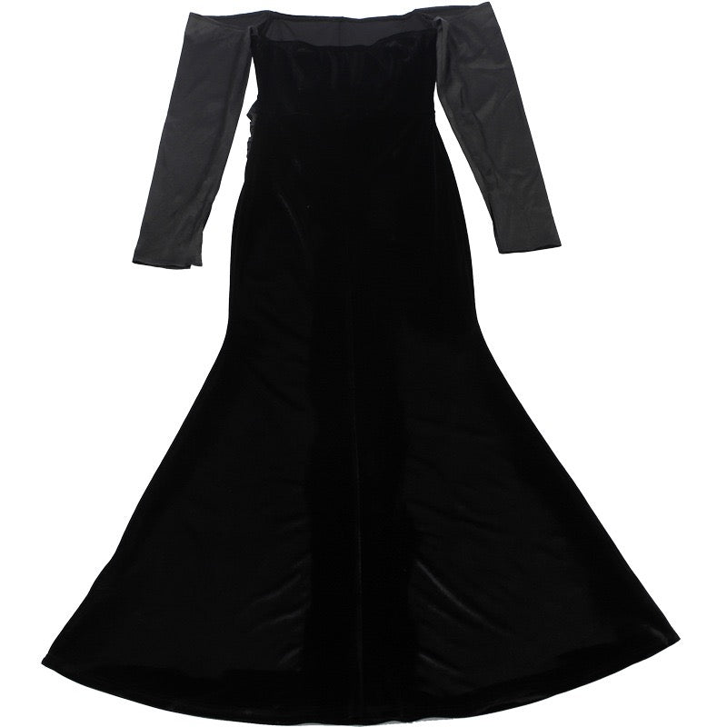 שמלת מקסי קטיפה בעיצוב כתפיים חשופות בעיטור סאטן - קאמיל