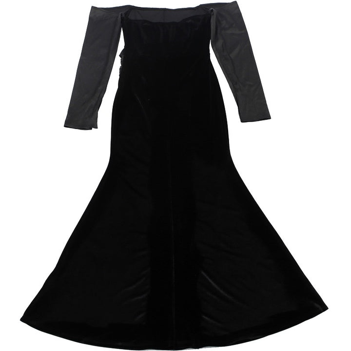 שמלת מקסי קטיפה בעיצוב כתפיים חשופות בעיטור סאטן - קאמיל