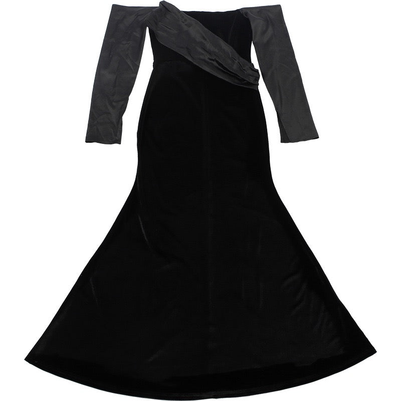 שמלת מקסי קטיפה בעיצוב כתפיים חשופות בעיטור סאטן - קאמיל