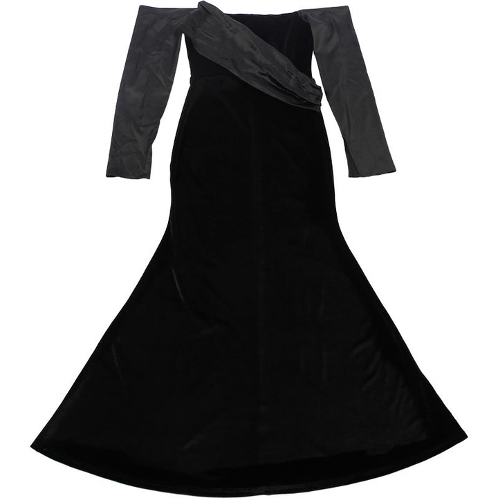 שמלת מקסי קטיפה בעיצוב כתפיים חשופות בעיטור סאטן - קאמיל