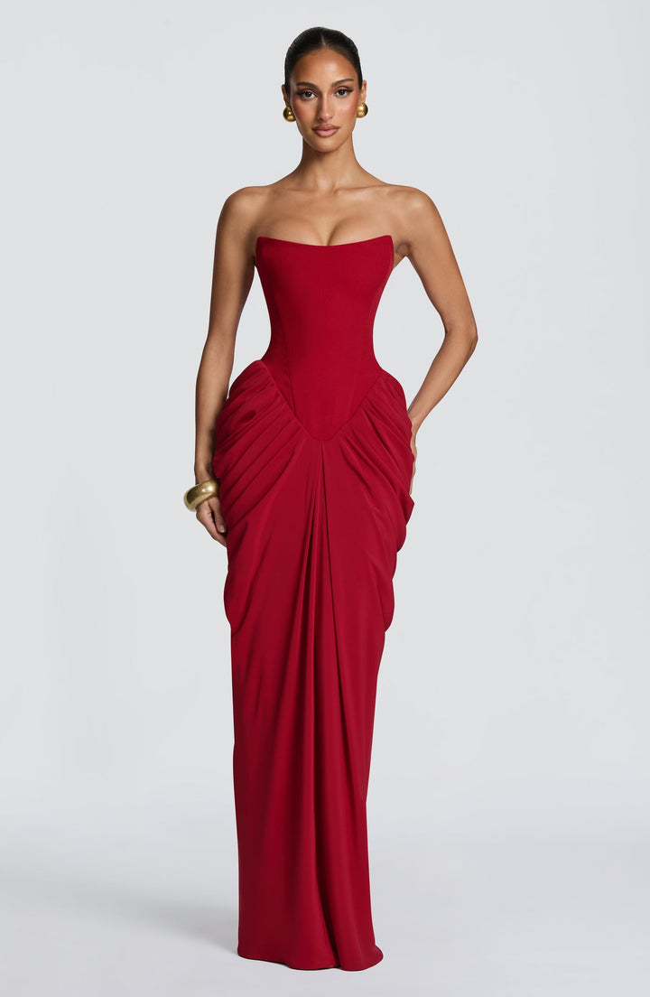 שמלת מקסי סטרפלס קיפולים בעיצוב מחוך קשירה בגב להצמדה במותן - ALEYN
