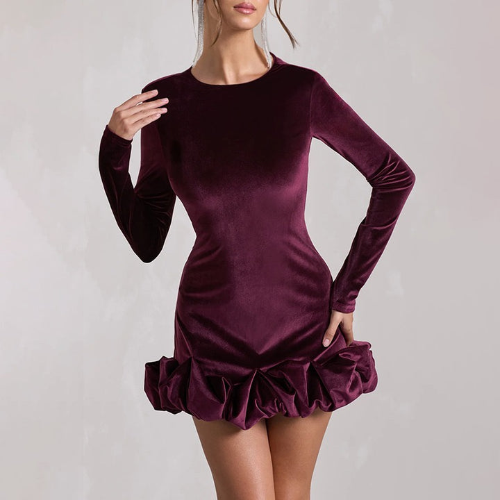 שמלת מיני קטיפה בעיצוב כיווצי בלון סאטן - ארגמן