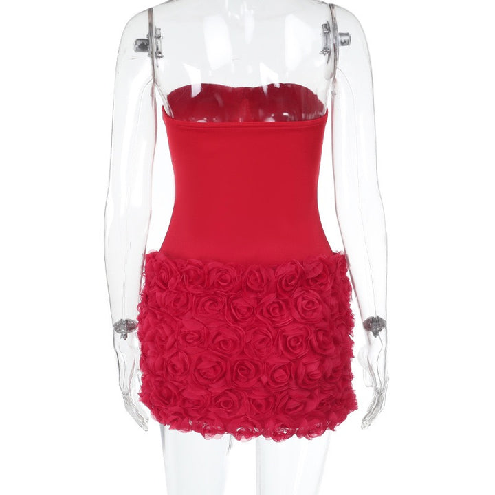 שמלת מיני סטרפלס בעיצוב פרחים 3D - LURA