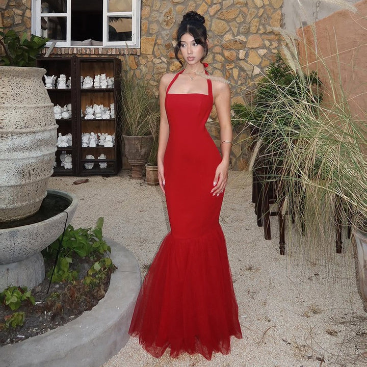 שמלת מקסי בגזרת בת הים גב קשירה בעורף גב פתוח בעיטור טול - מילי