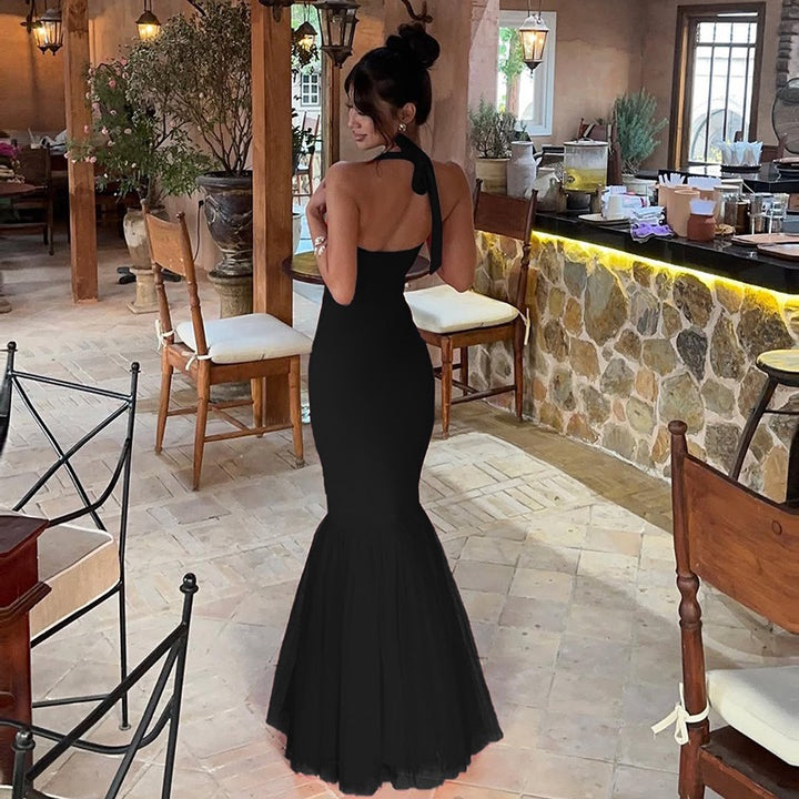 שמלת מקסי בגזרת בת הים גב קשירה בעורף גב פתוח בעיטור טול - מילי