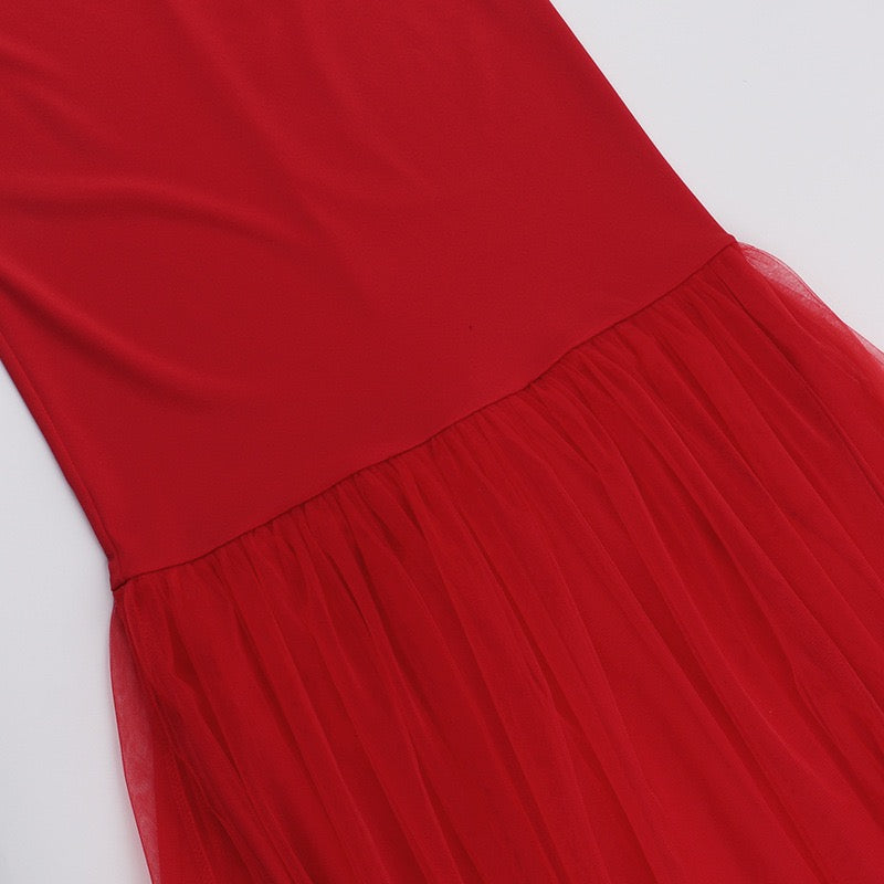 שמלת מקסי בגזרת בת הים גב קשירה בעורף גב פתוח בעיטור טול - מילי