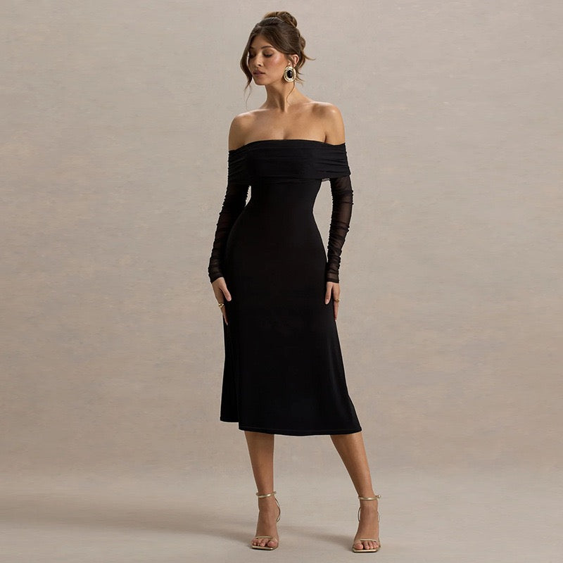 שמלת מידי כתפיים חשופות בעיצוב שרוולי שיפון - מדליין