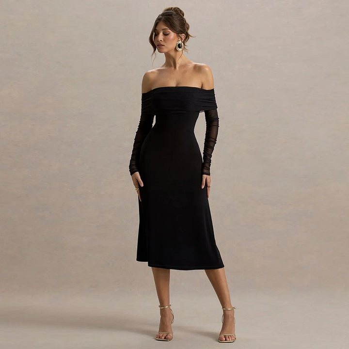 שמלת מידי כתפיים חשופות בעיצוב שרוולי שיפון - מדליין