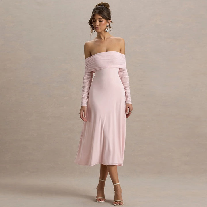 שמלת מידי כתפיים חשופות בעיצוב שרוולי שיפון - מדליין