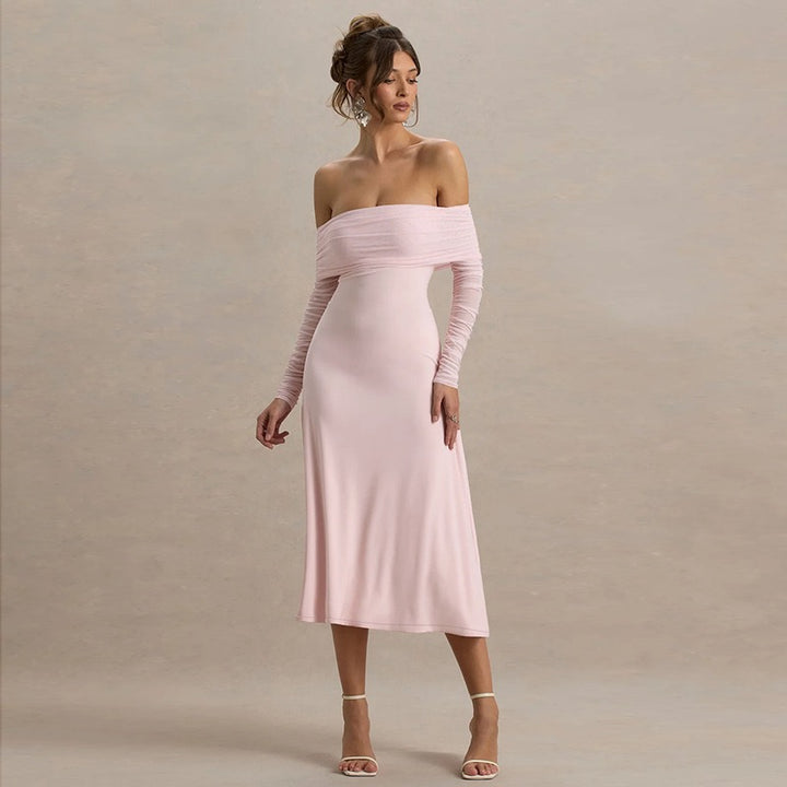 שמלת מידי כתפיים חשופות בעיצוב שרוולי שיפון - מדליין