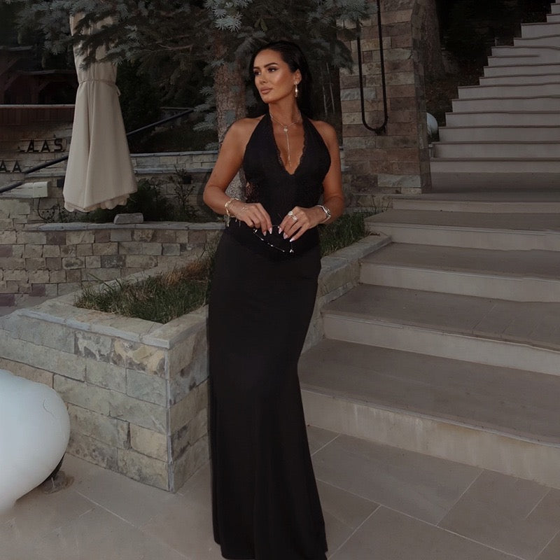 שמלת מקסי בעיטור תחרה קשירה בעורף גב פתוח - ANEN