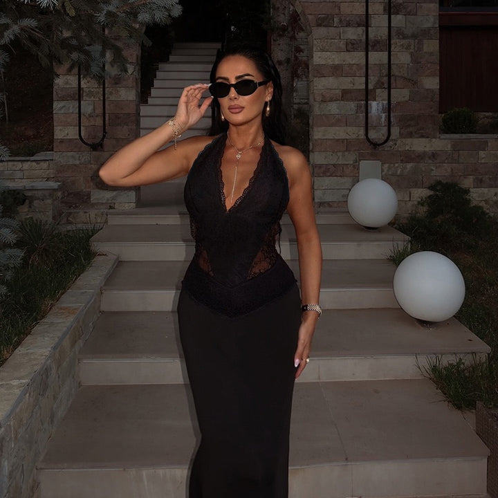 שמלת מקסי בעיטור תחרה קשירה בעורף גב פתוח - ANEN