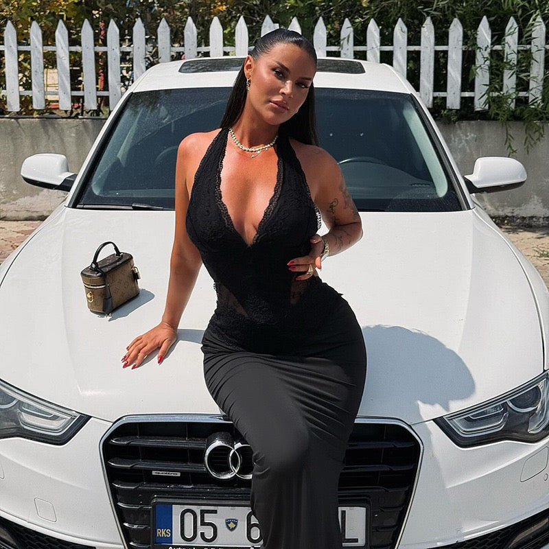 שמלת מקסי בעיטור תחרה קשירה בעורף גב פתוח - ANEN