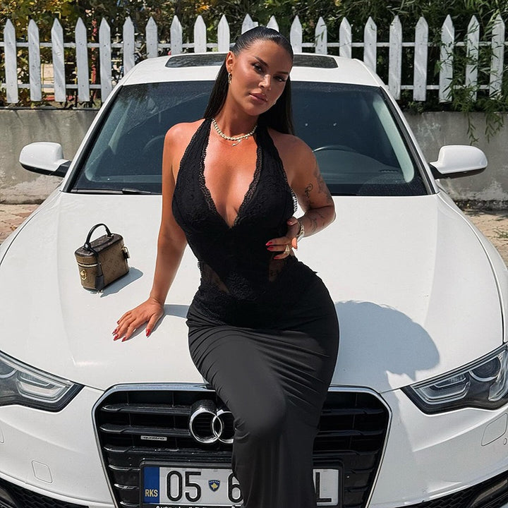 שמלת מקסי בעיטור תחרה קשירה בעורף גב פתוח - ANEN