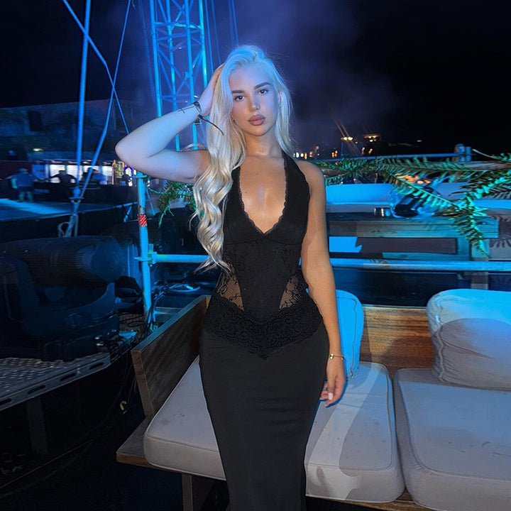 שמלת מקסי בעיטור תחרה קשירה בעורף גב פתוח - ANEN