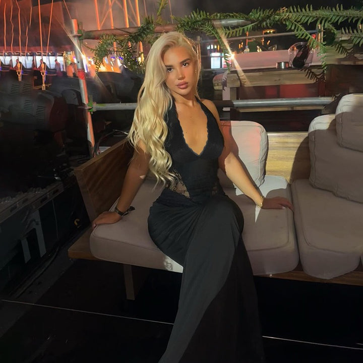 שמלת מקסי בעיטור תחרה קשירה בעורף גב פתוח - ANEN