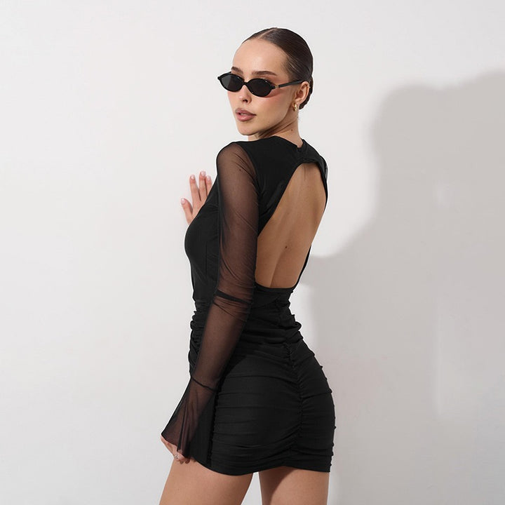 שמלת מיני בעיצוב כיווצים ושרוולי שיפון גב פתוח - רום