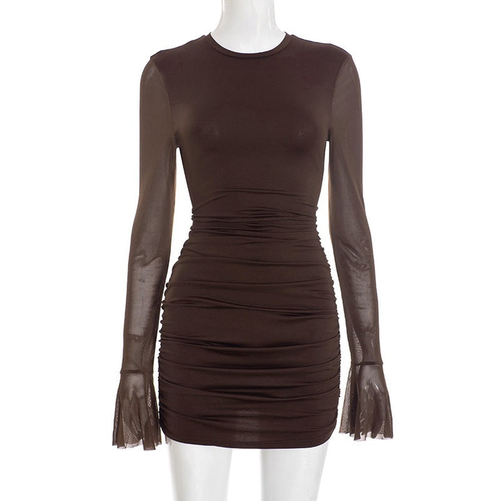 שמלת מיני בעיצוב כיווצים ושרוולי שיפון גב פתוח - רום