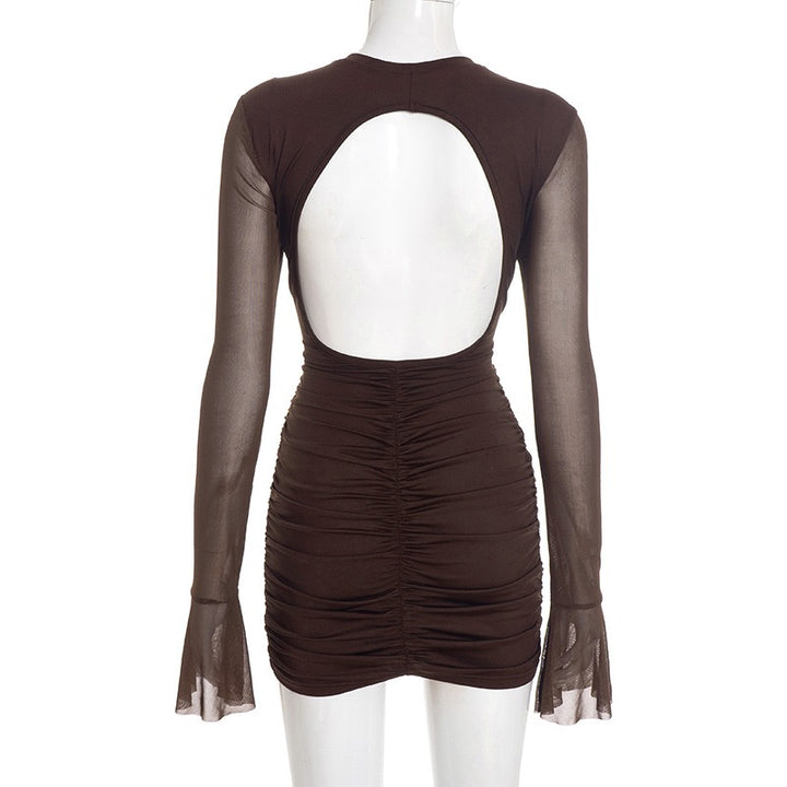 שמלת מיני בעיצוב כיווצים ושרוולי שיפון גב פתוח - רום