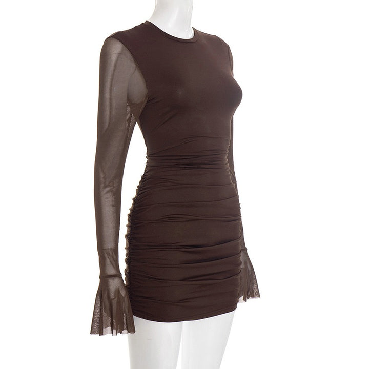 שמלת מיני בעיצוב כיווצים ושרוולי שיפון גב פתוח - רום