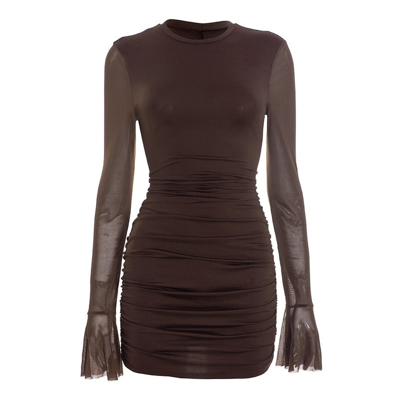 שמלת מיני בעיצוב כיווצים ושרוולי שיפון גב פתוח - רום