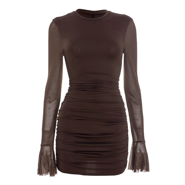 שמלת מיני בעיצוב כיווצים ושרוולי שיפון גב פתוח - רום