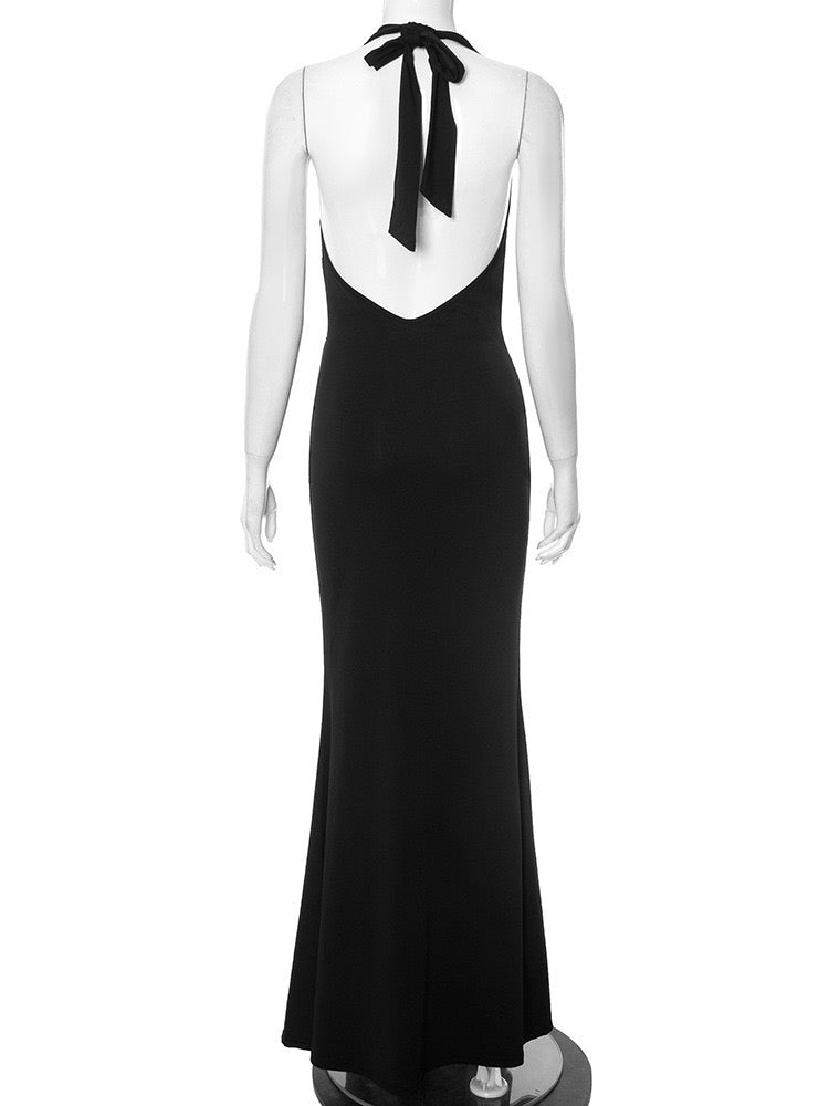 שמלת מקסי בעיטור תחרה קשירה בעורף גב פתוח - ANNA