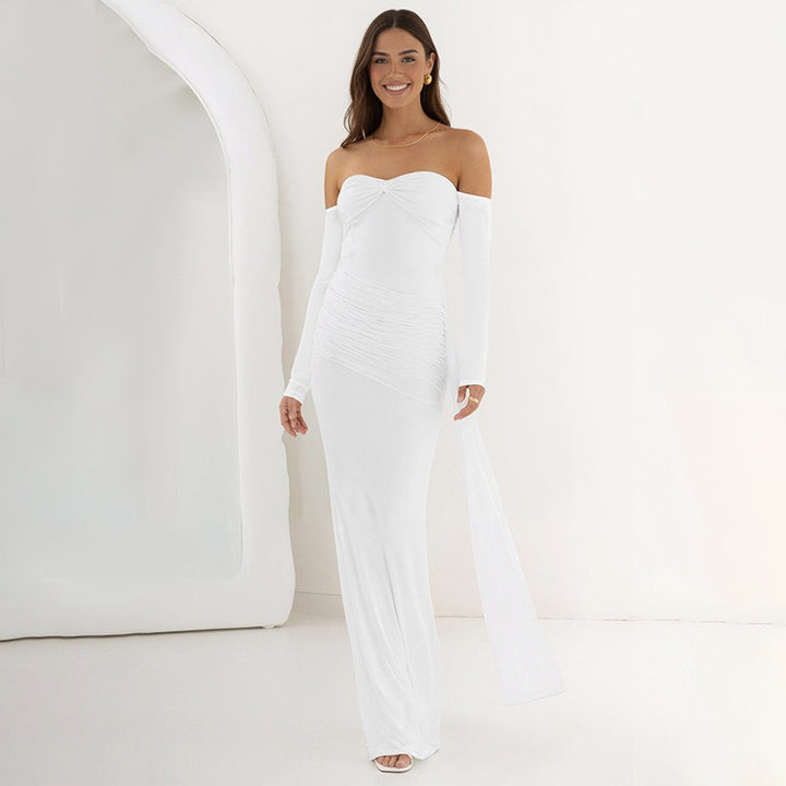 שמלת מקסי בעיצוב כתפיים חשופות וכיווצים - וולה