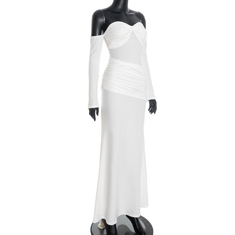 שמלת מקסי בעיצוב כתפיים חשופות וכיווצים - וולה