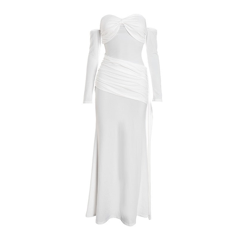 שמלת מקסי בעיצוב כתפיים חשופות וכיווצים - וולה