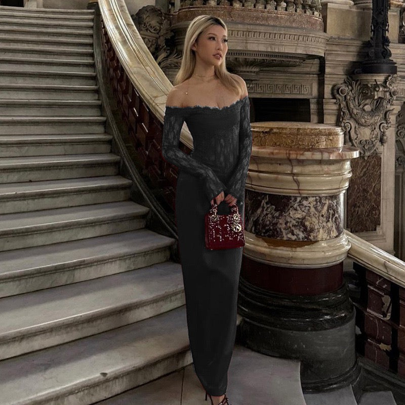 שמלת מקסי אלגנטית בעיצוב כתפיים חשופות בעיטור תחרה - תמרה