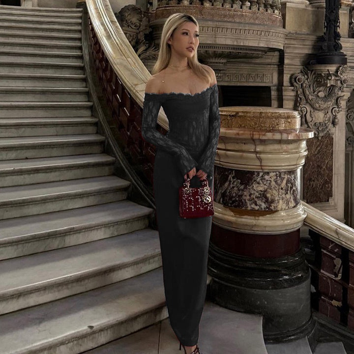 שמלת מקסי אלגנטית בעיצוב כתפיים חשופות בעיטור תחרה - תמרה