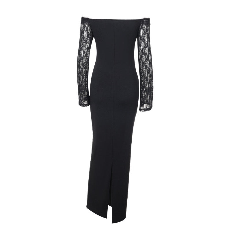 שמלת מקסי אלגנטית בעיצוב כתפיים חשופות בעיטור תחרה - תמרה