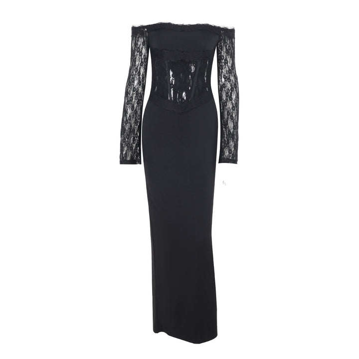 שמלת מקסי אלגנטית בעיצוב כתפיים חשופות בעיטור תחרה - תמרה