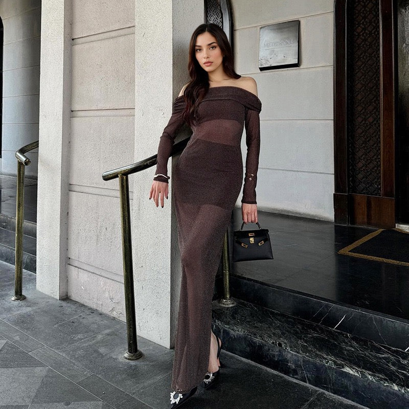 שמלת מקסי נצנצים שקופה בעיצוב כתפיים חשופות בשילוב תחתית טופ וחצאית מיני  - רוקסנה