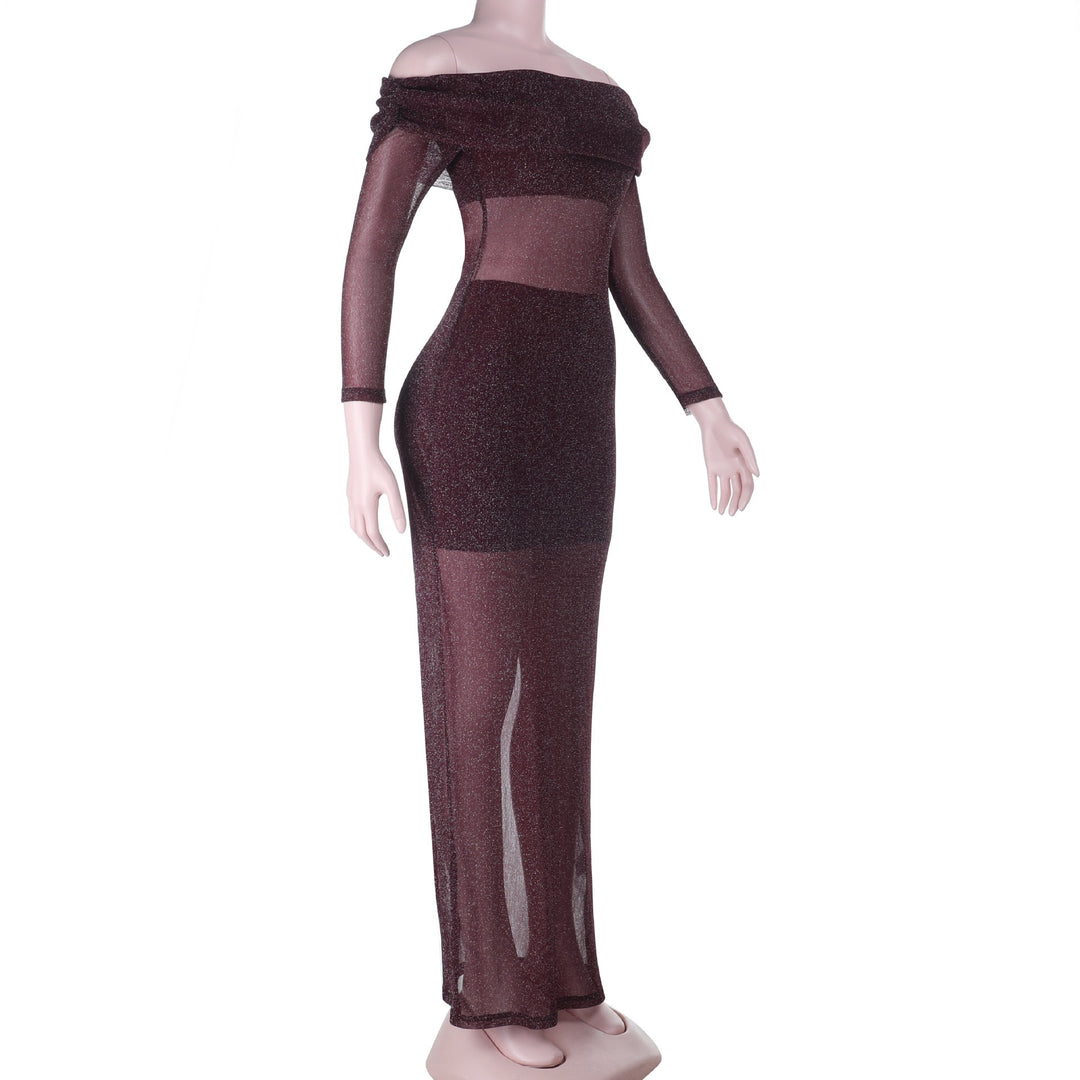 שמלת מקסי נצנצים שקופה בעיצוב כתפיים חשופות בשילוב תחתית טופ וחצאית מיני  - רוקסנה