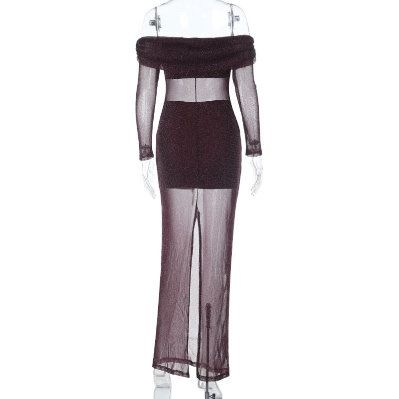 שמלת מקסי נצנצים שקופה בעיצוב כתפיים חשופות בשילוב תחתית טופ וחצאית מיני  - רוקסנה