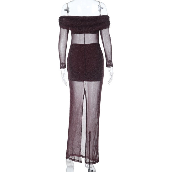 שמלת מקסי נצנצים שקופה בעיצוב כתפיים חשופות בשילוב תחתית טופ וחצאית מיני  - רוקסנה