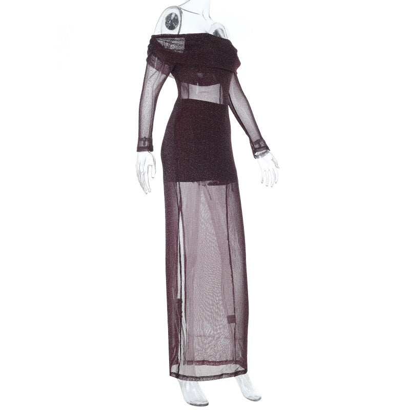 שמלת מקסי נצנצים שקופה בעיצוב כתפיים חשופות בשילוב תחתית טופ וחצאית מיני  - רוקסנה